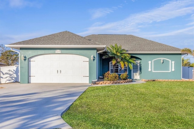 ranch-style home with a front yard and a garage