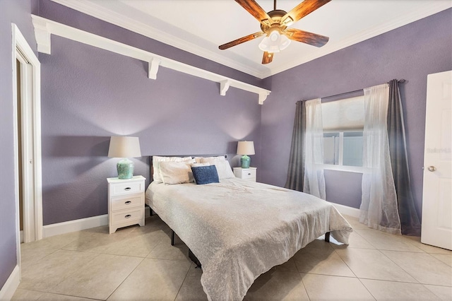 tiled bedroom featuring ornamental molding and ceiling fan