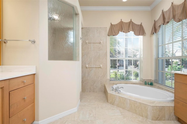 bathroom featuring plenty of natural light, vanity, and independent shower and bath