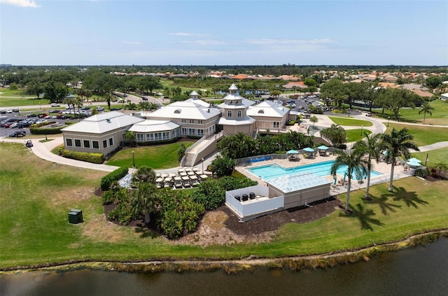 drone / aerial view with a water view