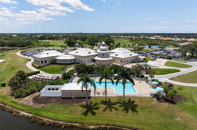 birds eye view of property featuring a water view