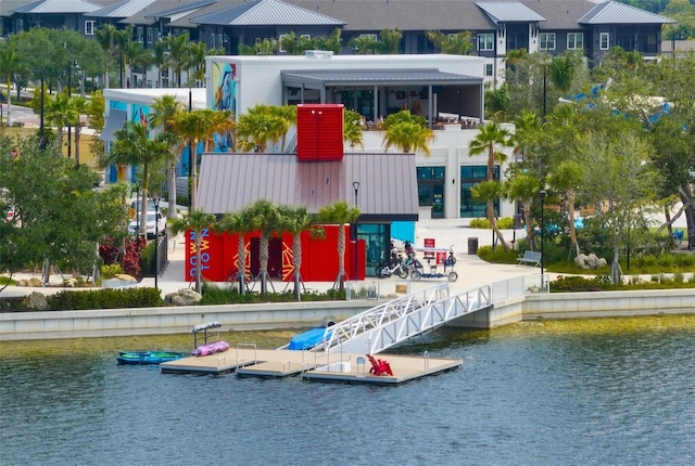 exterior space with a water view