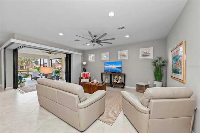 living room featuring ceiling fan