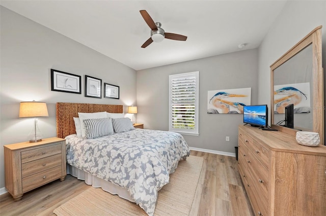 bedroom featuring ceiling fan and light hardwood / wood-style flooring