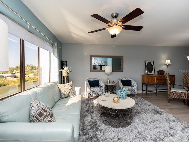 living room with ceiling fan and wood-type flooring