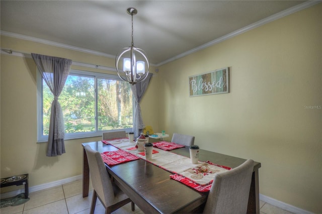 tiled dining room featuring crown molding and a chandelier