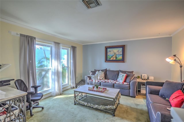 carpeted living room featuring crown molding