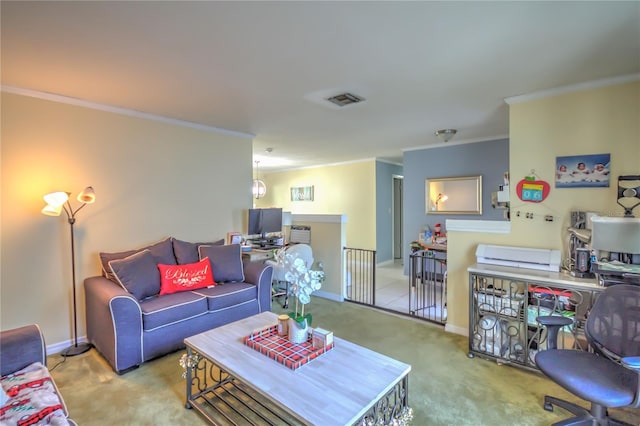 carpeted living room with ornamental molding