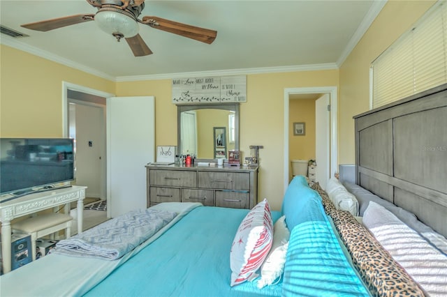 bedroom featuring ceiling fan and ornamental molding