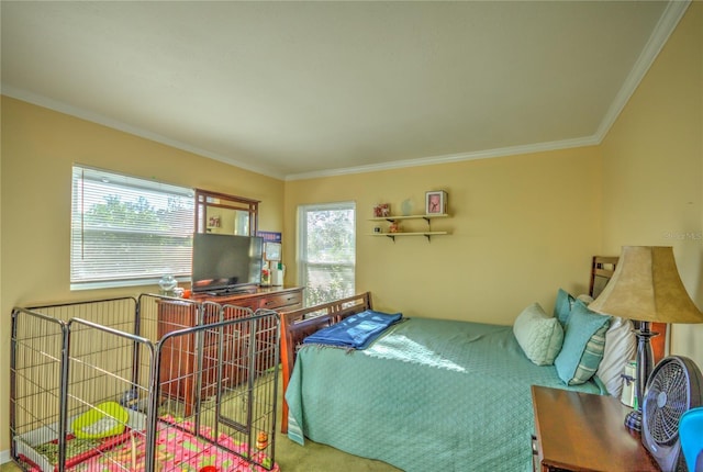 carpeted bedroom featuring ornamental molding