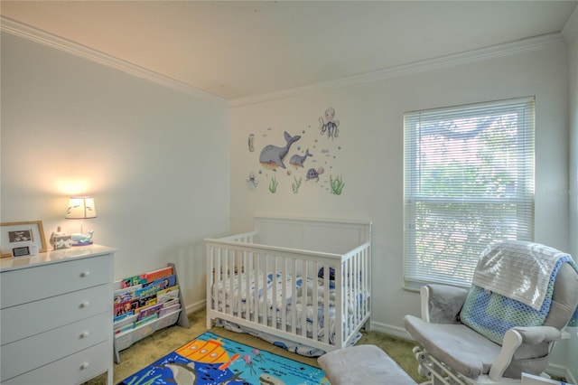 bedroom with light colored carpet, crown molding, and a nursery area