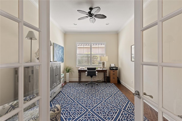 office area featuring ceiling fan, french doors, hardwood / wood-style flooring, and ornamental molding