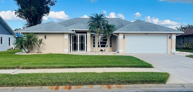 ranch-style home featuring a garage and a front lawn