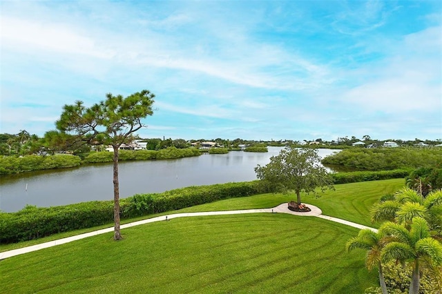 view of property's community featuring a water view and a yard