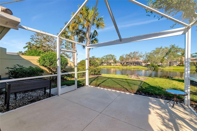 view of patio / terrace featuring a water view