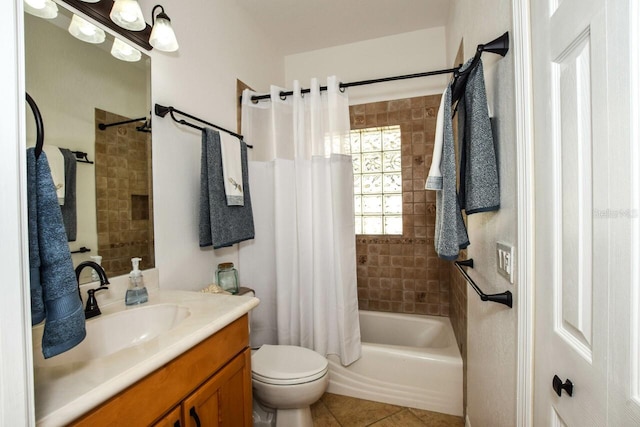 full bathroom with toilet, vanity, shower / bathtub combination with curtain, and tile patterned flooring