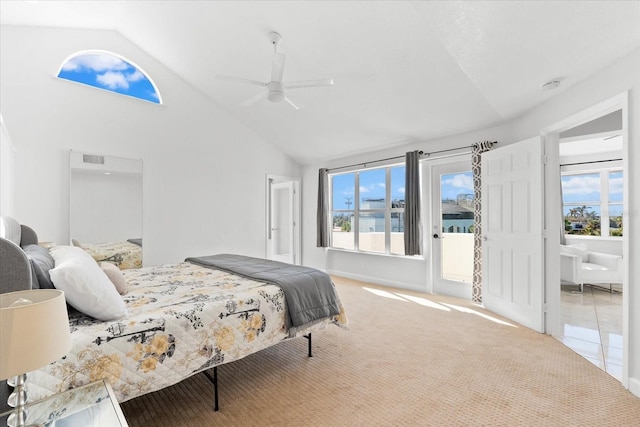 bedroom featuring carpet flooring, access to exterior, ceiling fan, and vaulted ceiling