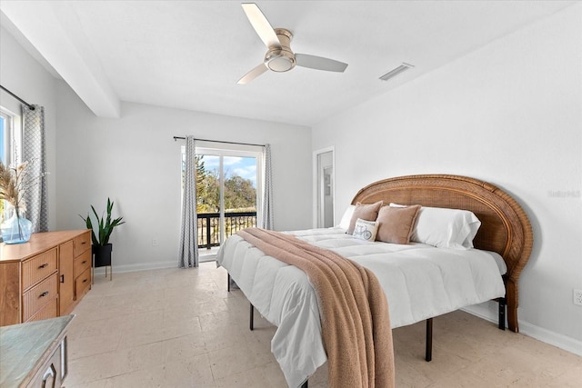 bedroom with access to exterior and ceiling fan