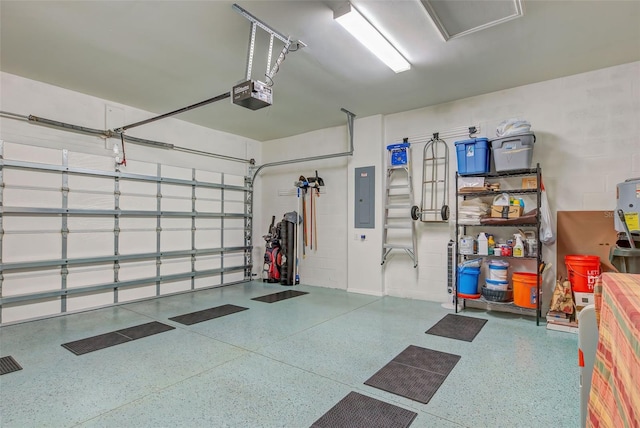 garage featuring a garage door opener and electric panel