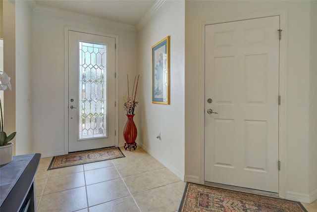 tiled foyer entrance with ornamental molding