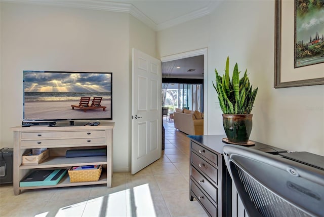 tiled office featuring crown molding