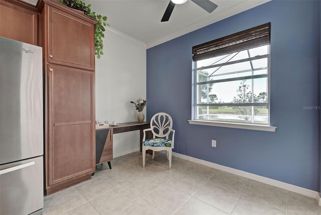 living area featuring ceiling fan, crown molding, and light tile patterned flooring