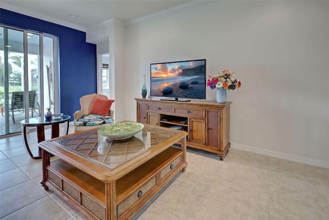 tiled living room featuring ornamental molding