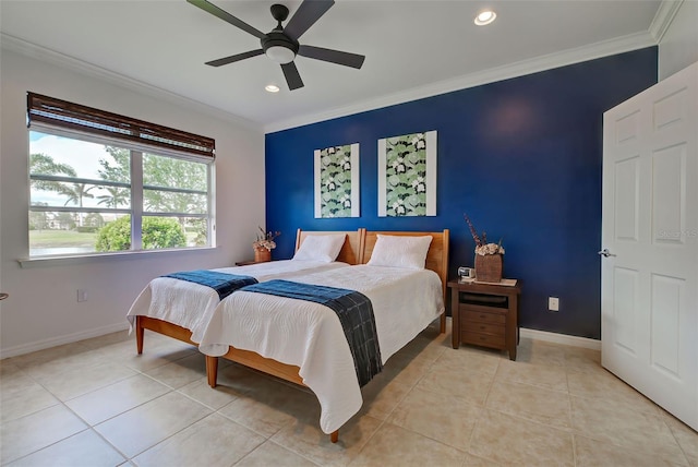 bedroom with light tile patterned floors, ceiling fan, and ornamental molding