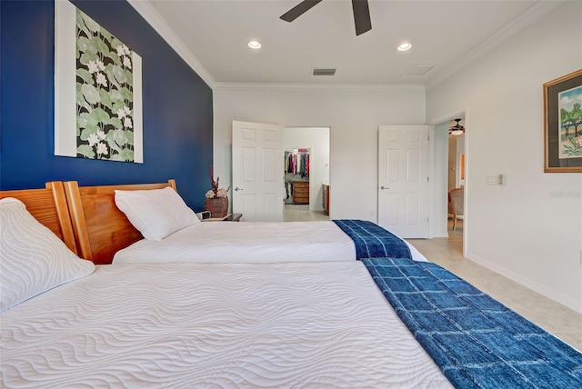 bedroom featuring ceiling fan and ornamental molding