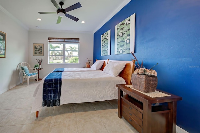 tiled bedroom with ceiling fan and crown molding