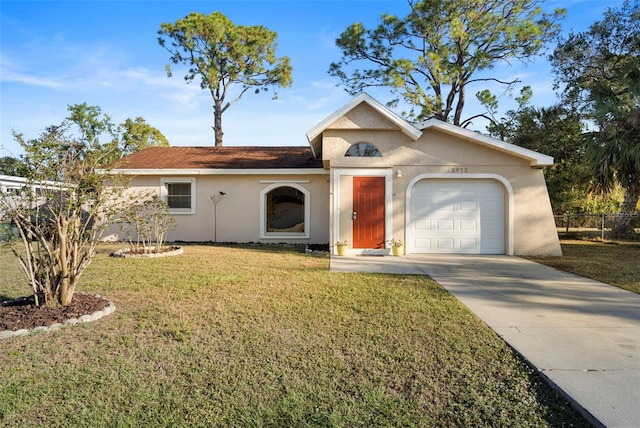 ranch-style house featuring a garage, a front lawn, and stucco siding