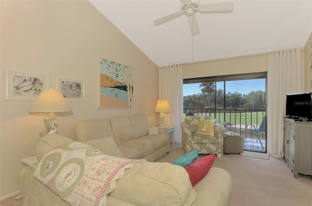 carpeted living room with vaulted ceiling and ceiling fan