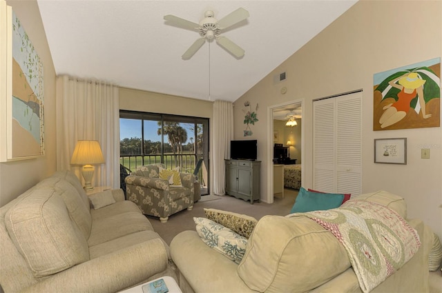 living room with light carpet, ceiling fan, and lofted ceiling