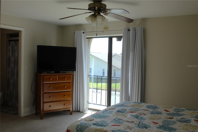 carpeted bedroom featuring access to exterior and ceiling fan