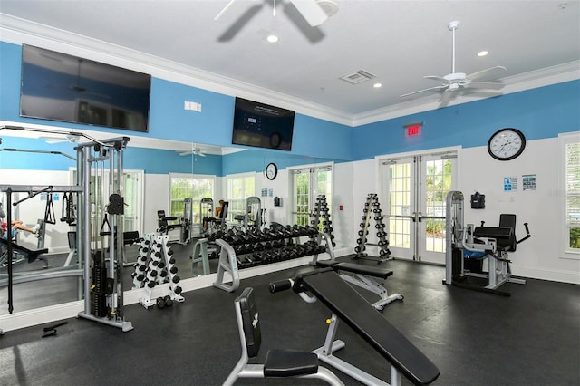 workout area with crown molding, french doors, and ceiling fan