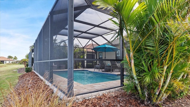 view of swimming pool with a patio area and a lanai