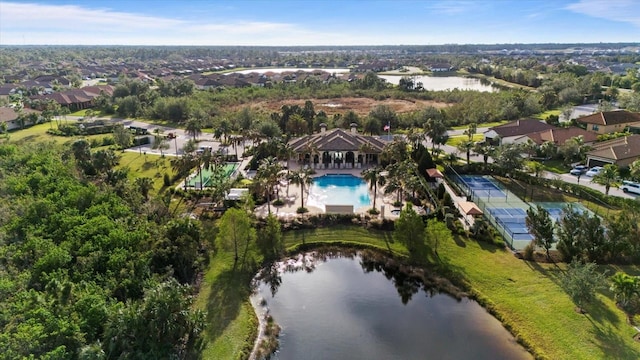 drone / aerial view with a water view