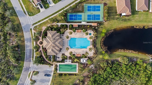 aerial view featuring a water view