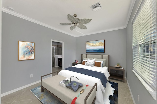 bedroom with light tile patterned floors, ensuite bathroom, ceiling fan, and crown molding