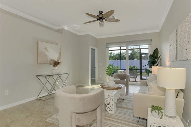 living room with ceiling fan, light tile patterned floors, and ornamental molding