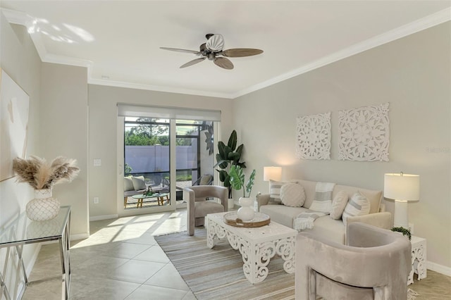 living room with ceiling fan, ornamental molding, and light tile patterned flooring