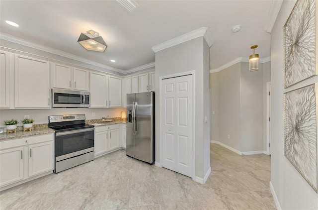 kitchen featuring white cabinetry, ornamental molding, light stone counters, and appliances with stainless steel finishes