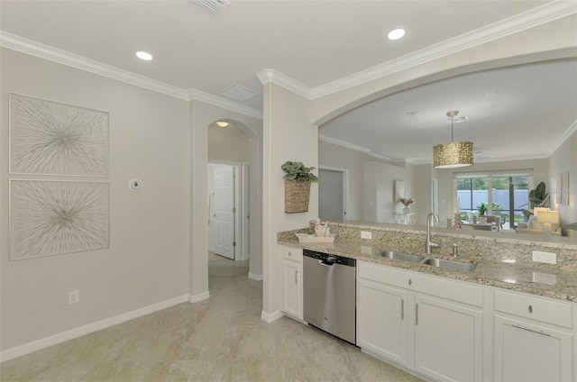 kitchen with pendant lighting, dishwasher, white cabinets, crown molding, and sink