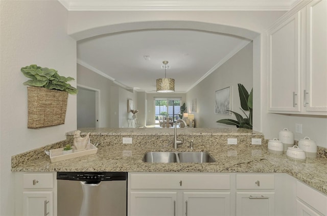 kitchen with white cabinets, stainless steel dishwasher, crown molding, and sink