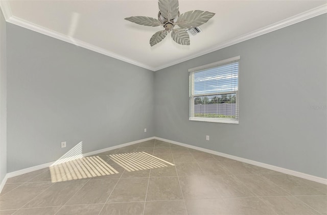 unfurnished room with light tile patterned floors, ceiling fan, and ornamental molding