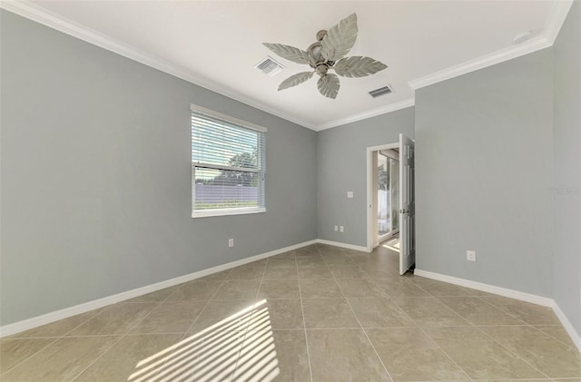 empty room with ceiling fan, ornamental molding, and light tile patterned flooring