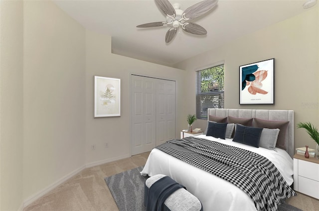 carpeted bedroom with ceiling fan and a closet