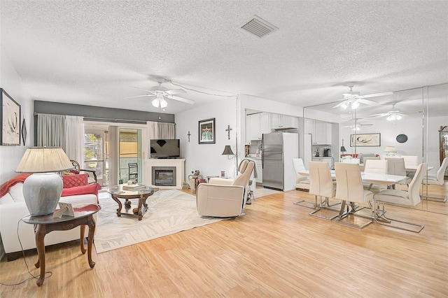 living room featuring a textured ceiling and light hardwood / wood-style flooring