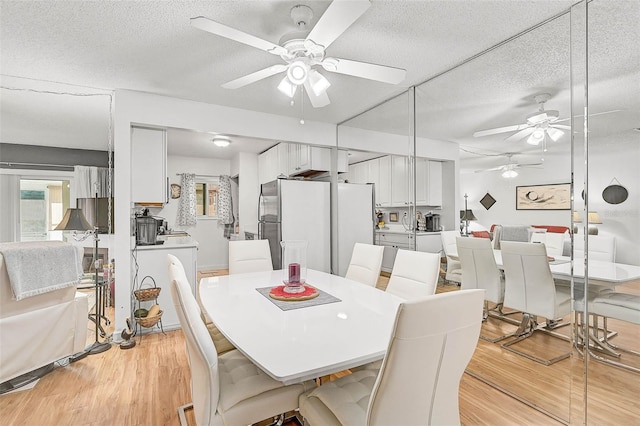 dining area with a textured ceiling and light hardwood / wood-style flooring