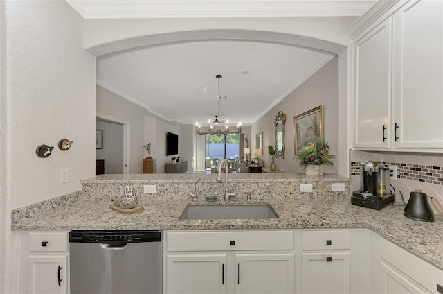 kitchen with dishwasher, sink, tasteful backsplash, crown molding, and white cabinets